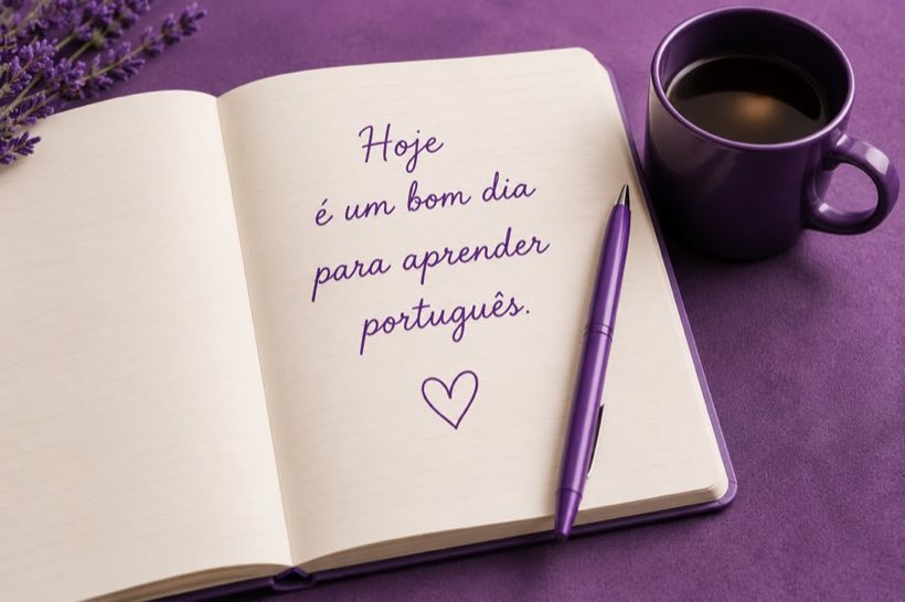 Notebook with Portuguese handwriting, coffee and lavender